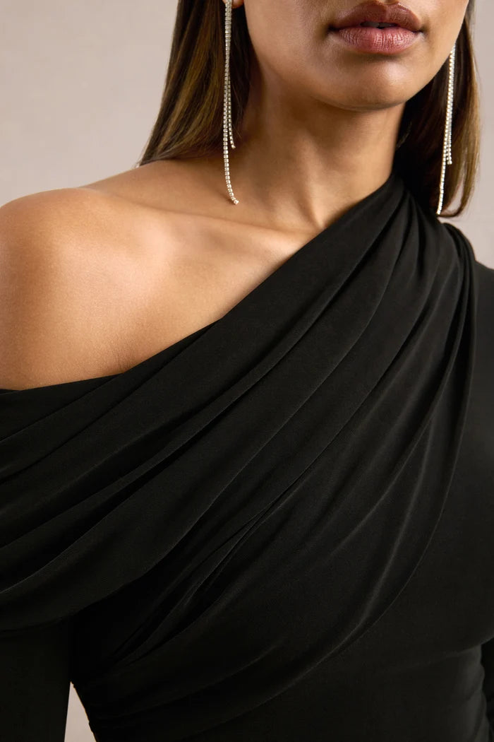Black Stretch Knit Bodycon One Shoulder High Back Mini Dress