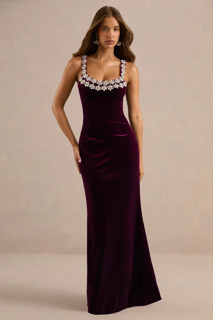 Plum Velvet Sheath Scoop Neck Zipper Back Floor Length Dress