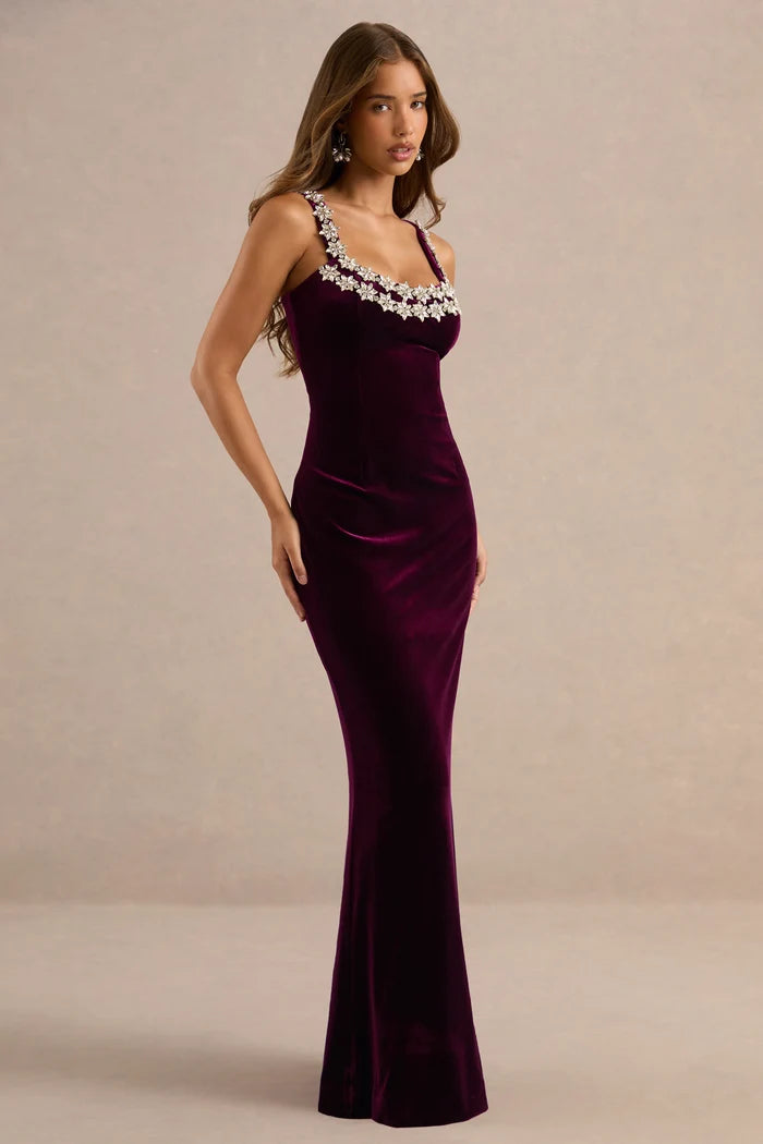 Plum Velvet Sheath Scoop Neck Zipper Back Floor Length Dress