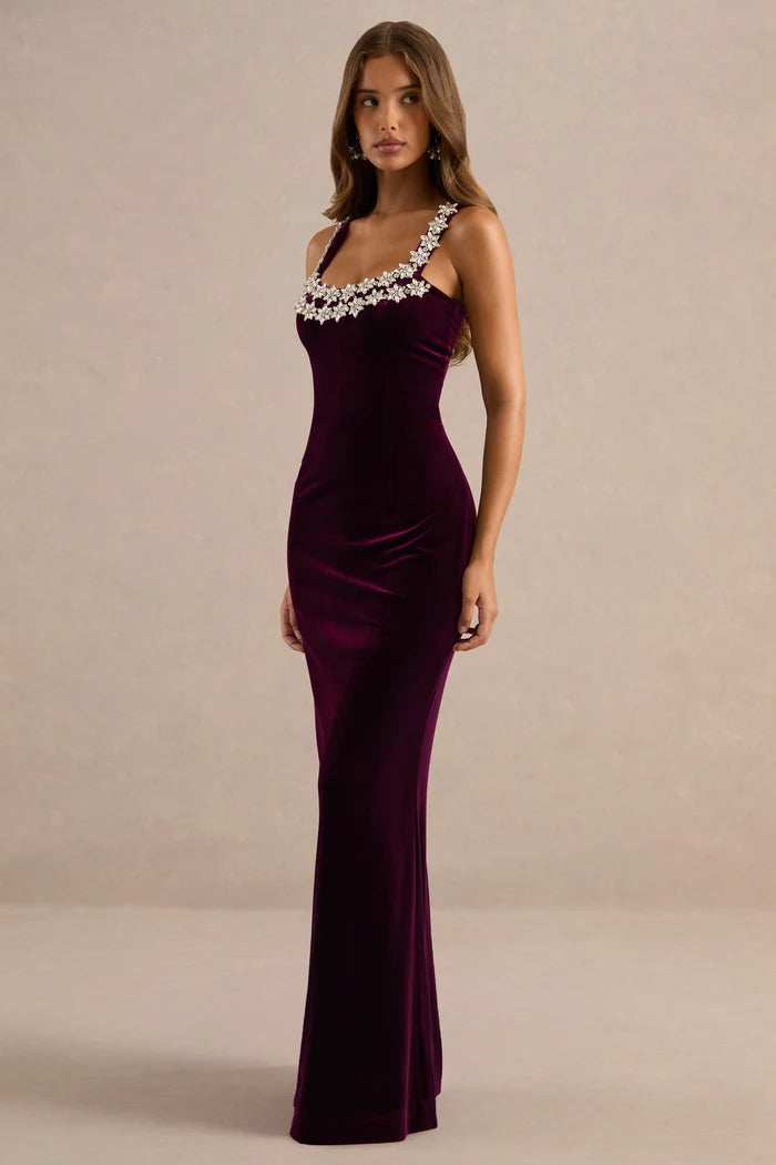 Plum Velvet Sheath Scoop Neck Zipper Back Floor Length Dress