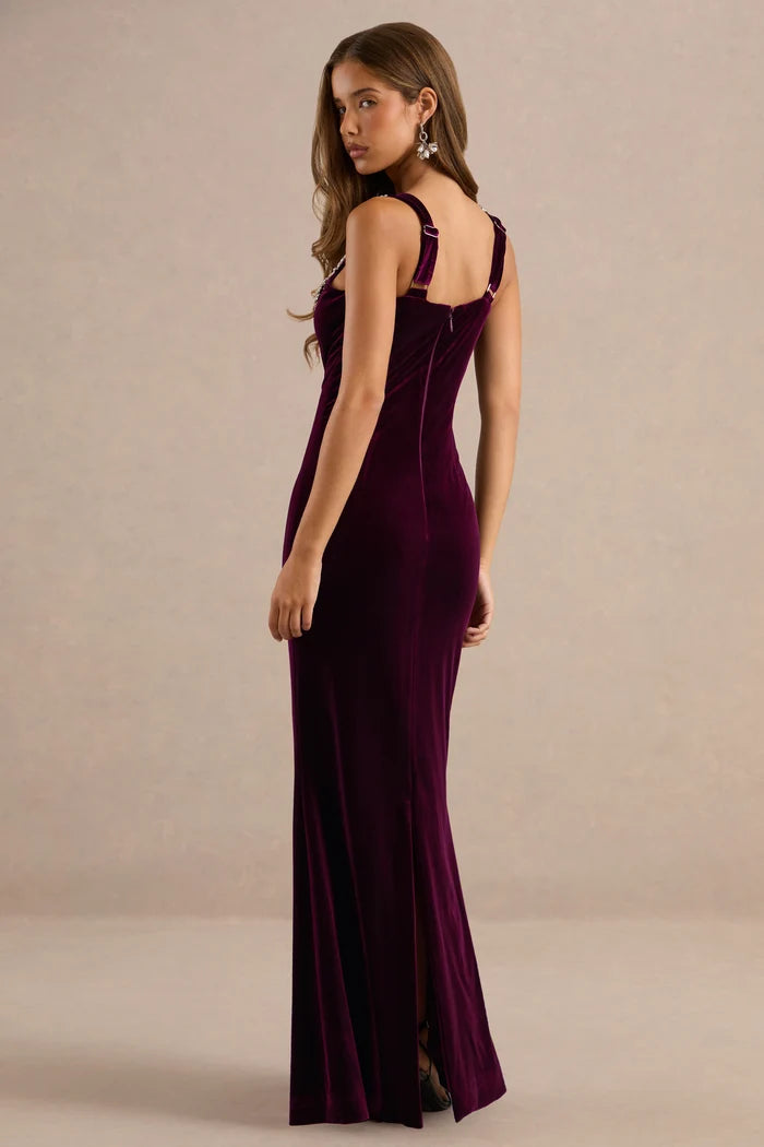 Plum Velvet Sheath Scoop Neck Zipper Back Floor Length Dress