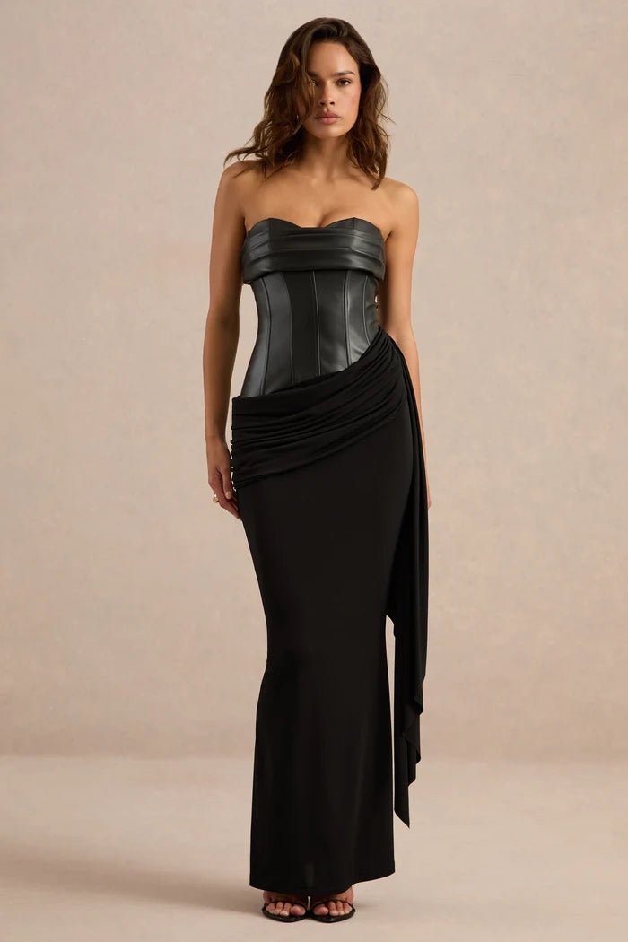 Black Jersey & Faux Leather Sheath Sweetheart Zipper Back Floor-Length Dress