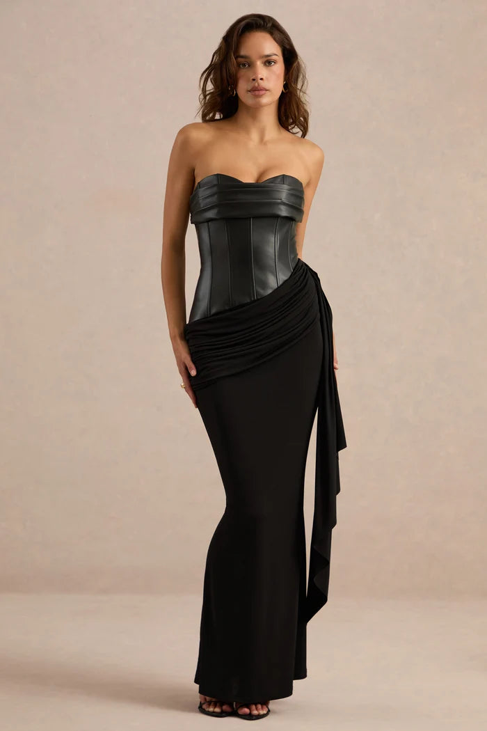 Black Jersey & Faux Leather Sheath Sweetheart Zipper Back Floor-Length Dress