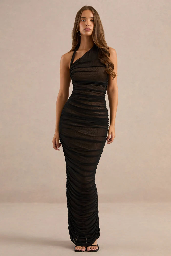 Black Mesh Sheath One Shoulder Zipper Back Floor-Length Dress