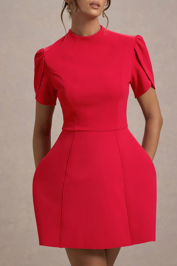 Red Crepe Tulip High Neck Zipper Back Mini Dress