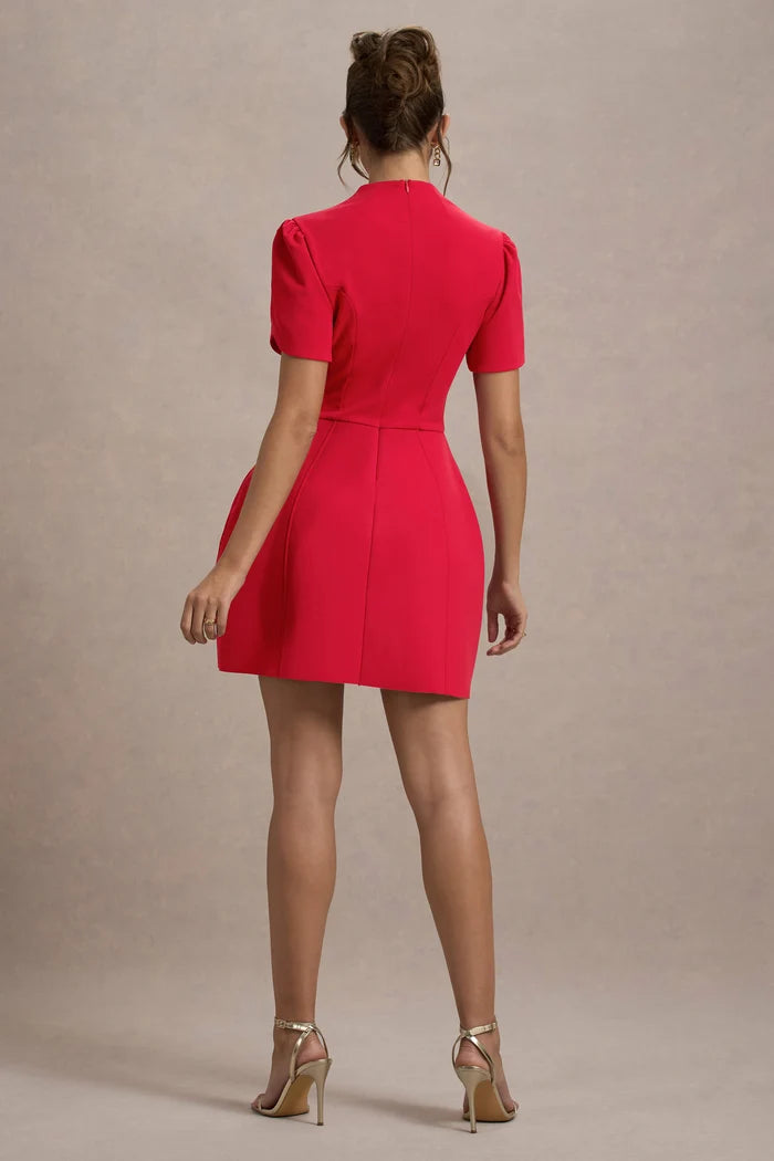 Red Crepe Tulip High Neck Zipper Back Mini Dress