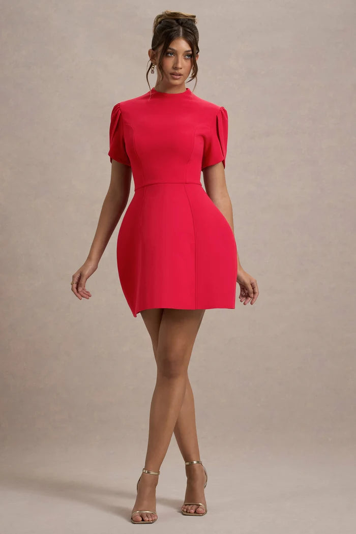 Red Crepe Tulip High Neck Zipper Back Mini Dress