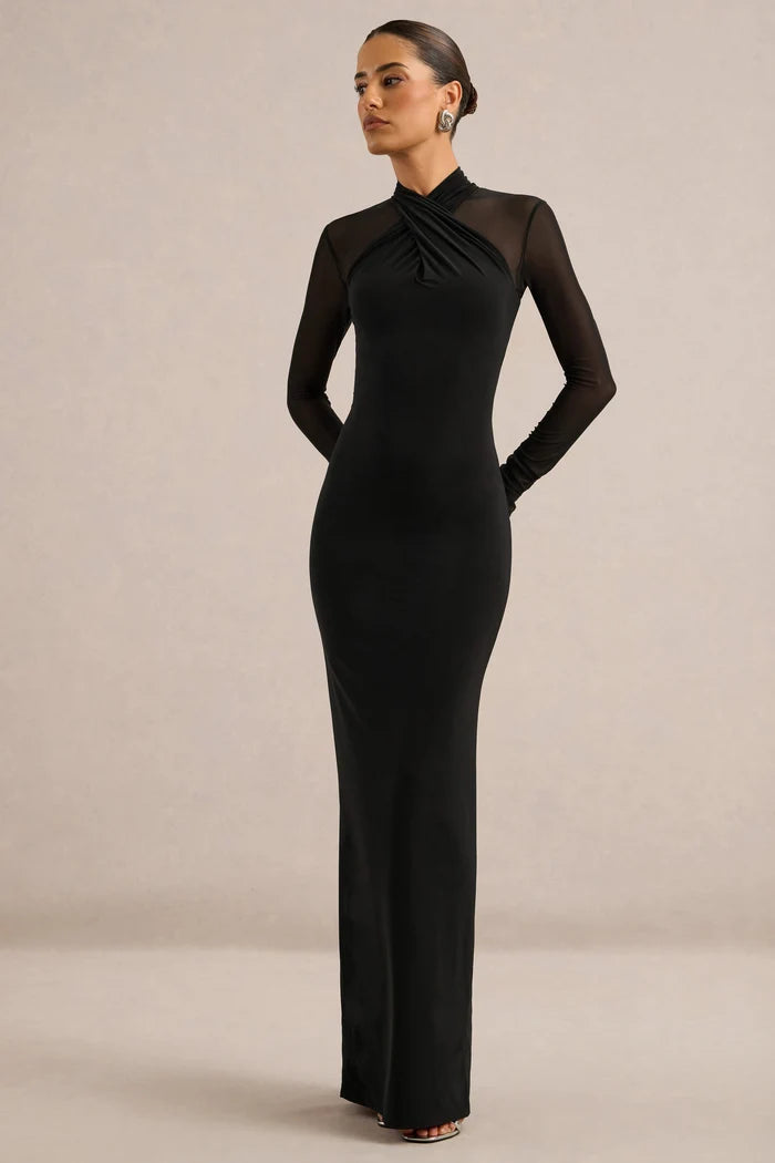 Black Stretch Knit & Mesh Sheath High Neck Floor-Length Dress