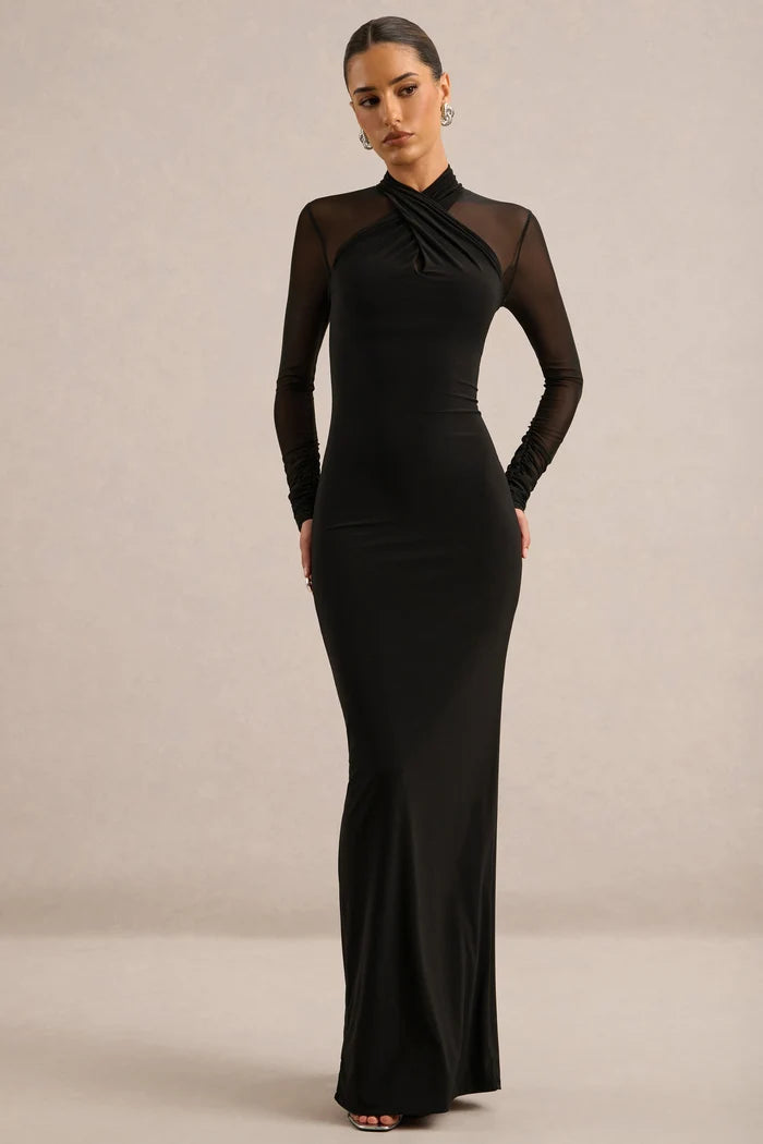 Black Stretch Knit & Mesh Sheath High Neck Floor-Length Dress