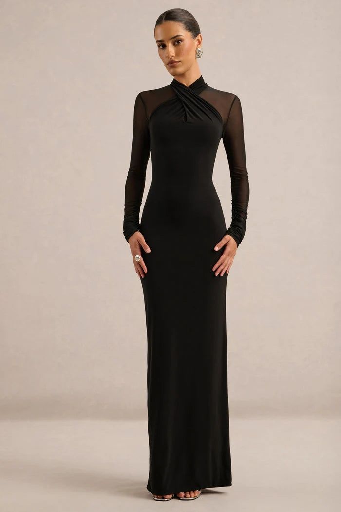 Black Stretch Knit & Mesh Sheath High Neck Floor-Length Dress