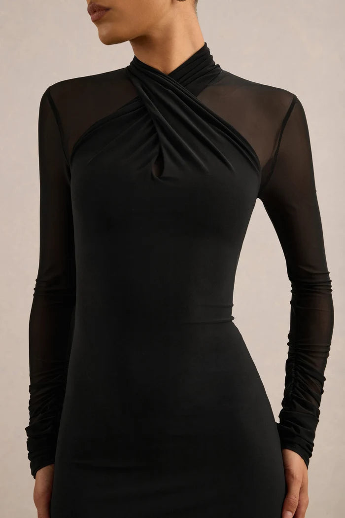 Black Stretch Knit & Mesh Sheath High Neck Floor-Length Dress