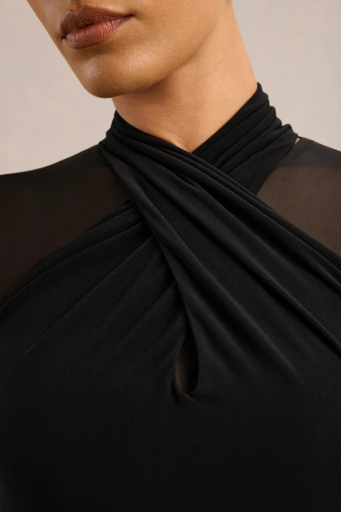 Black Stretch Knit & Mesh Sheath High Neck Floor-Length Dress