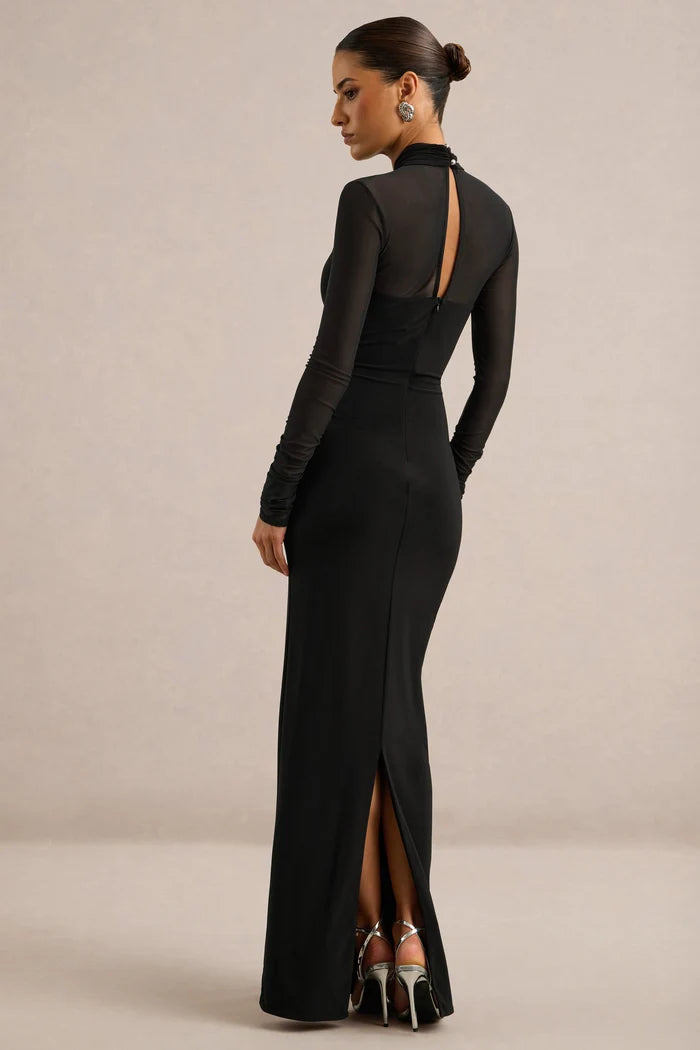 Black Stretch Knit & Mesh Sheath High Neck Floor-Length Dress