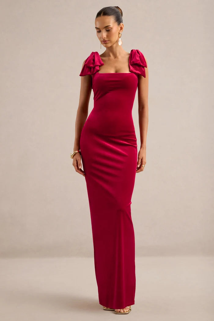 Cabernet Velvet Sheath Square Neck Zipper Back Floor Length Dress