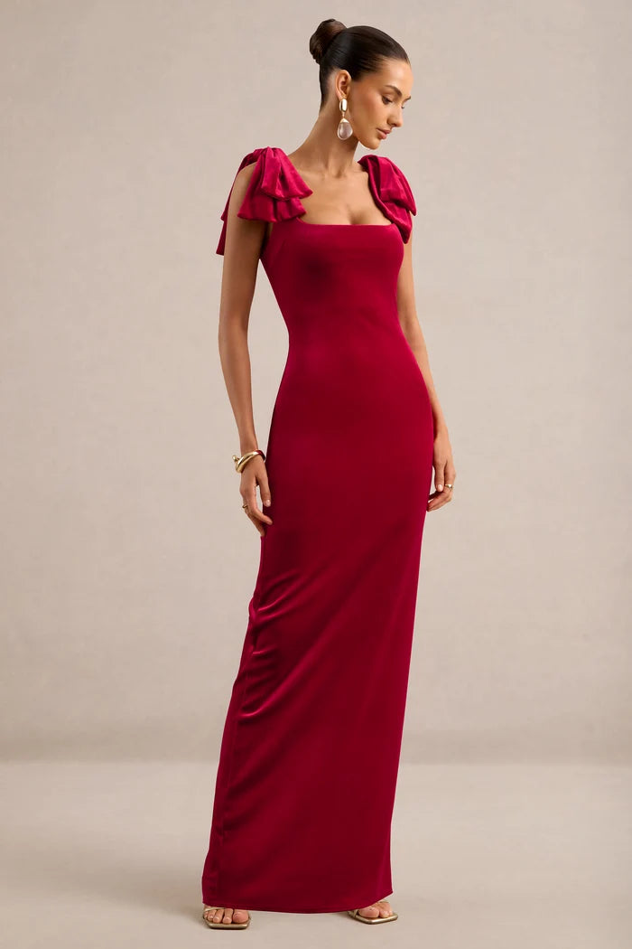 Cabernet Velvet Sheath Square Neck Zipper Back Floor Length Dress
