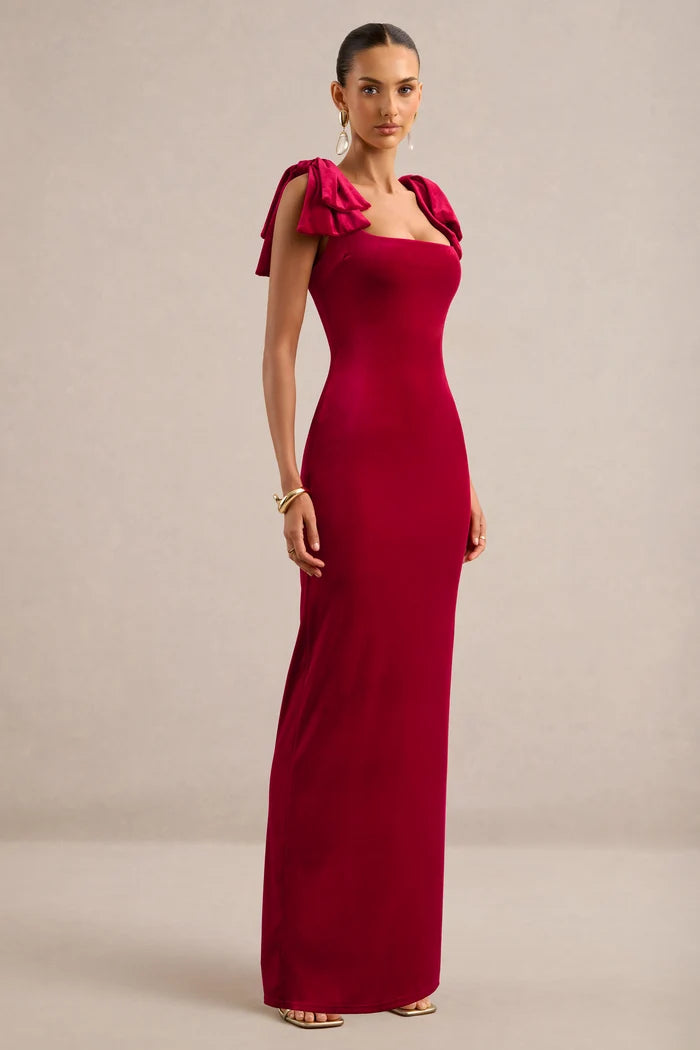 Cabernet Velvet Sheath Square Neck Zipper Back Floor Length Dress