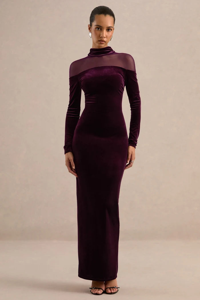 Plum Velvet sheath-column high-neck keyhole-back floor-length Dress