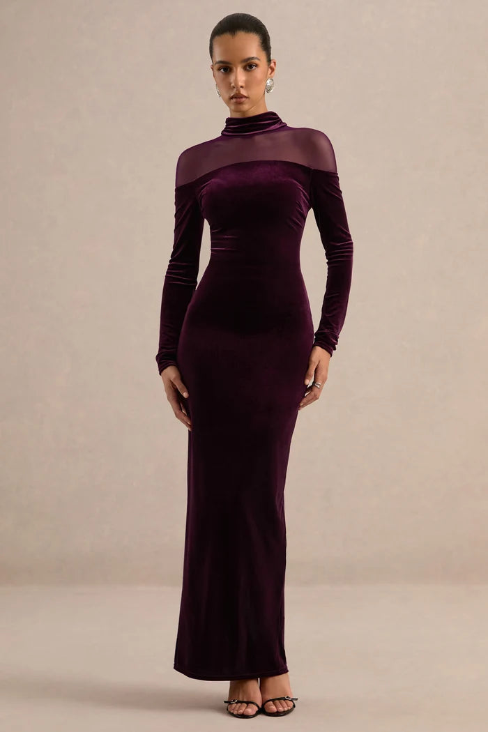 Plum Velvet sheath-column high-neck keyhole-back floor-length Dress