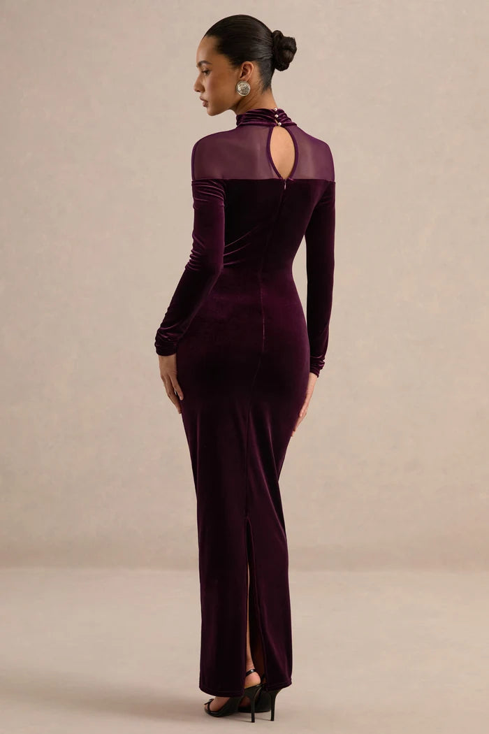 Plum Velvet sheath-column high-neck keyhole-back floor-length Dress