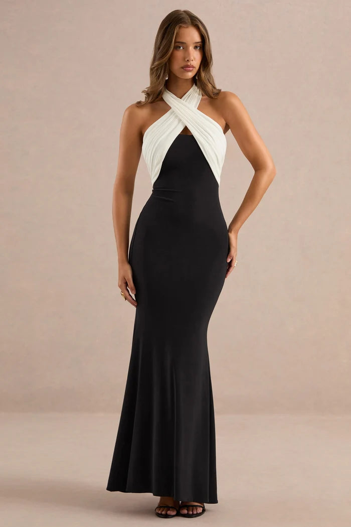 Black and Ivory Stretch Knit Mermaid Halter Tie-Back Floor-Length Dress