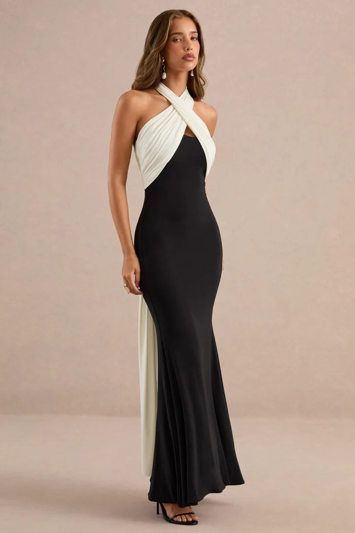 Black and Ivory Stretch Knit Mermaid Halter Tie-Back Floor-Length Dress