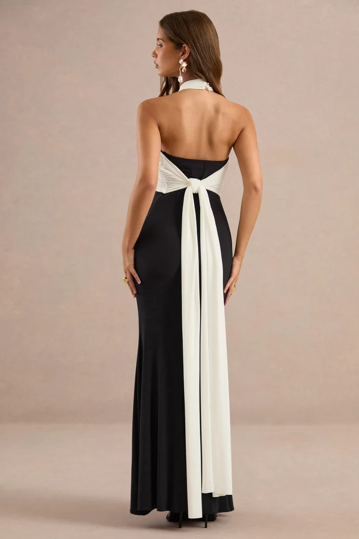 Black and Ivory Stretch Knit Mermaid Halter Tie-Back Floor-Length Dress