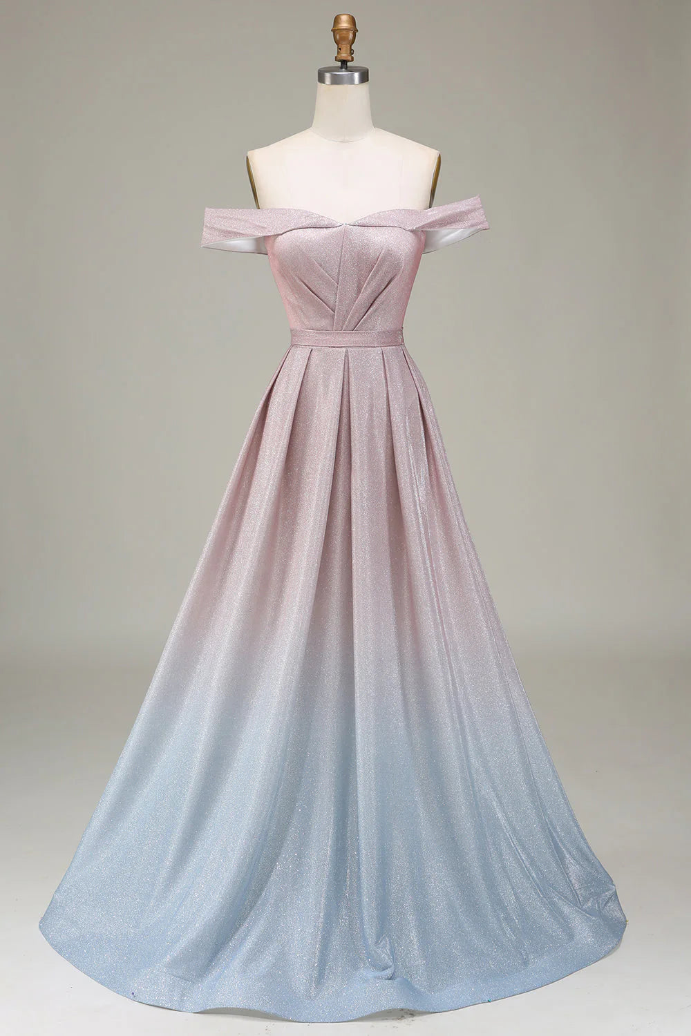 Robe de bal plissée à épaules dénudées, dégradée de gris et de rose scintillante