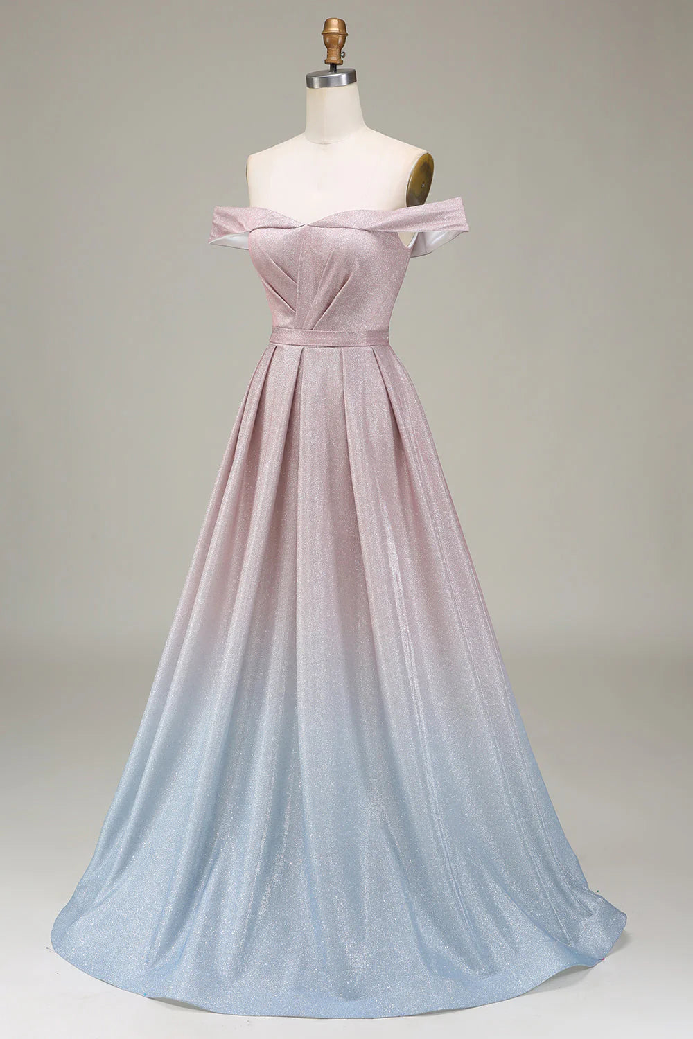 Robe de bal plissée à épaules dénudées, dégradée de gris et de rose scintillante