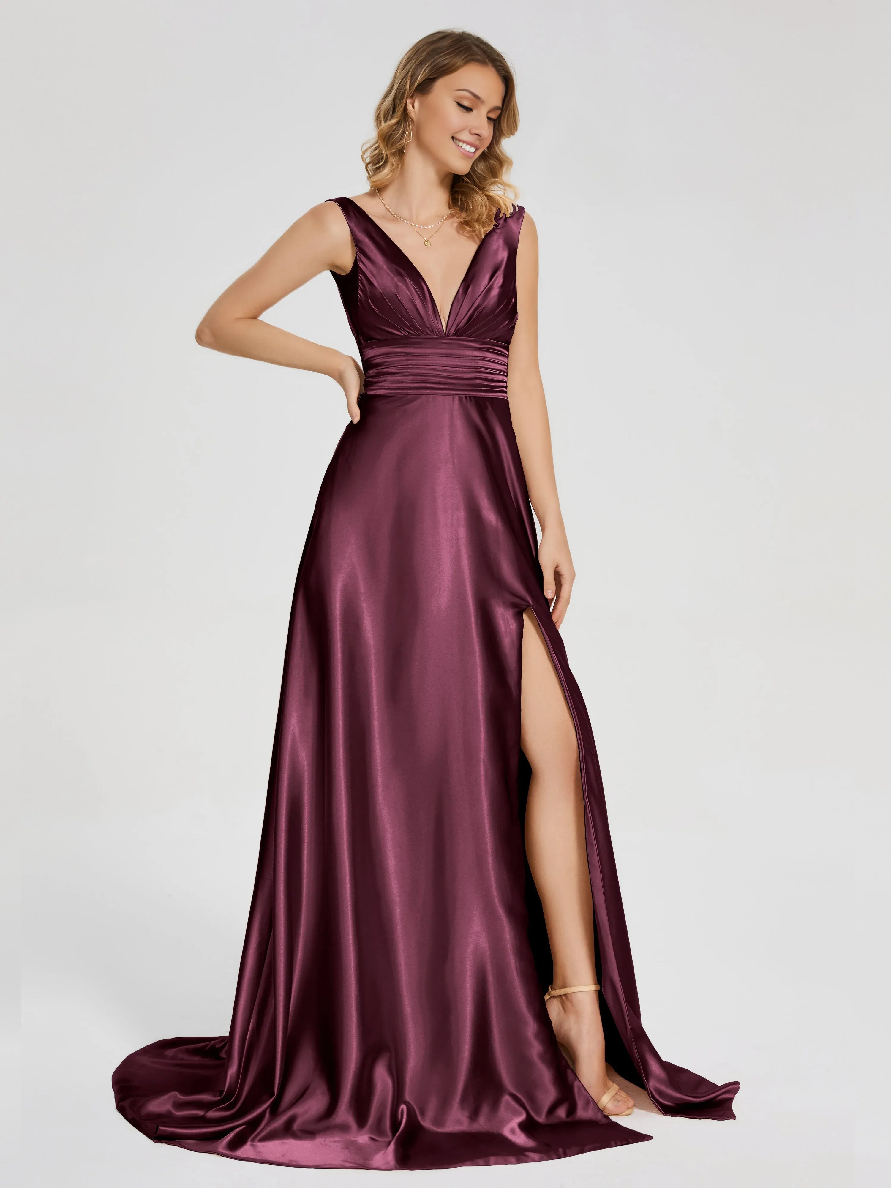 Charming A-line V-neck Sleeveless V-back Sweep/Brush Train Prom Dress