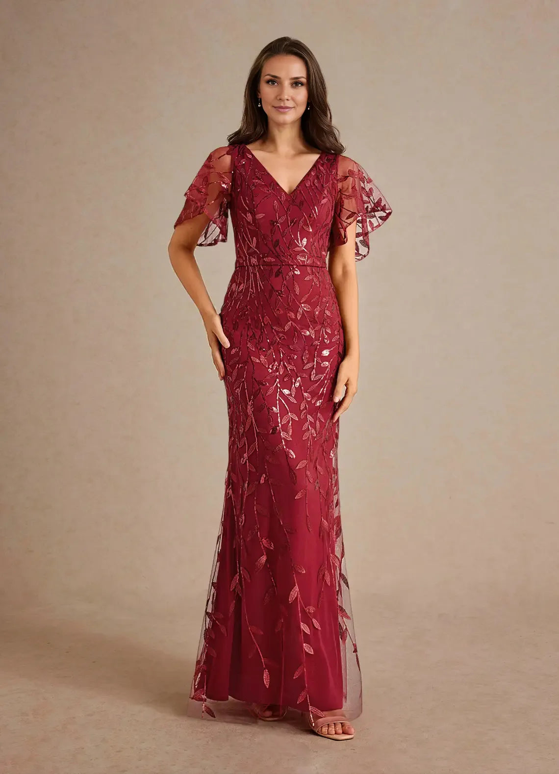 Weitese Dress Champagne Sheath Sequins Mother of the Groom Dresses Elegant V-Neck Flutter Sleeves Tulle Evening Dress