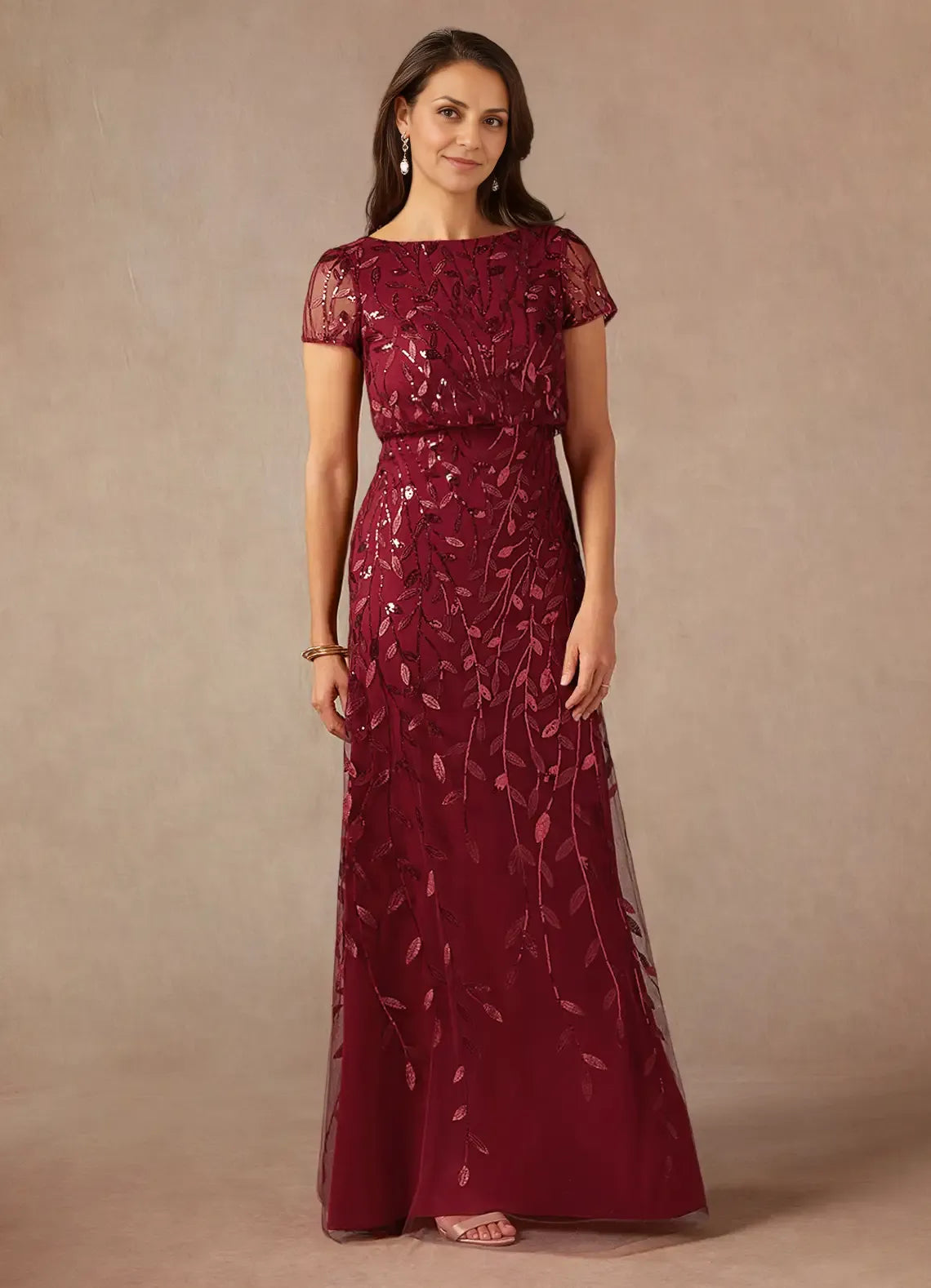 Weitese Dress Dark Navy A-Line Sequins Maxi Dress Elegant Boat Neck Short Sleeves Back Zip Mother of the Bride Dress