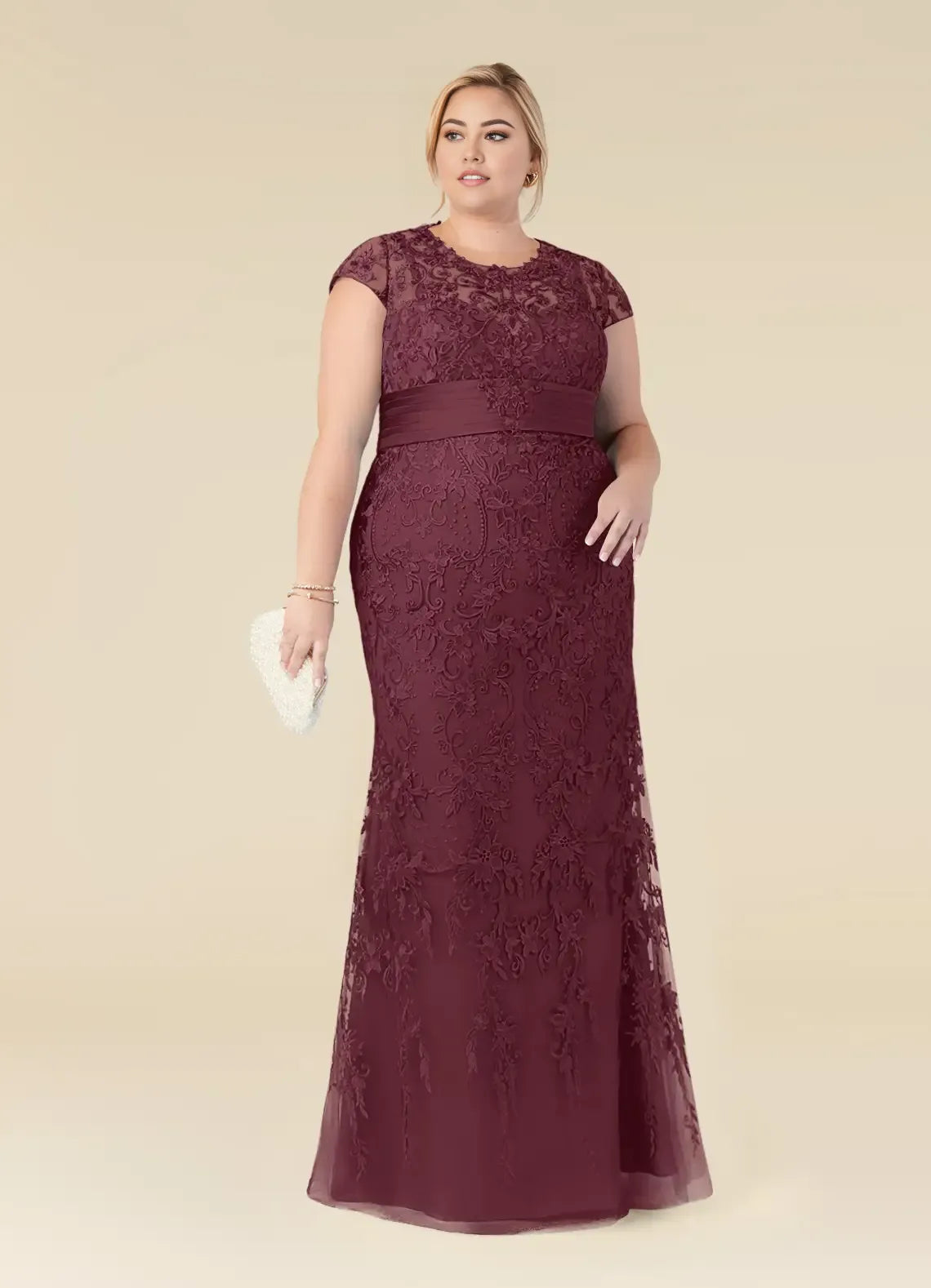 Robe Weitese élégante sirène cabernet vintage en dentelle à col rond grande taille pour mère de la mariée, longueur au sol, manches courtes, dos illusion 