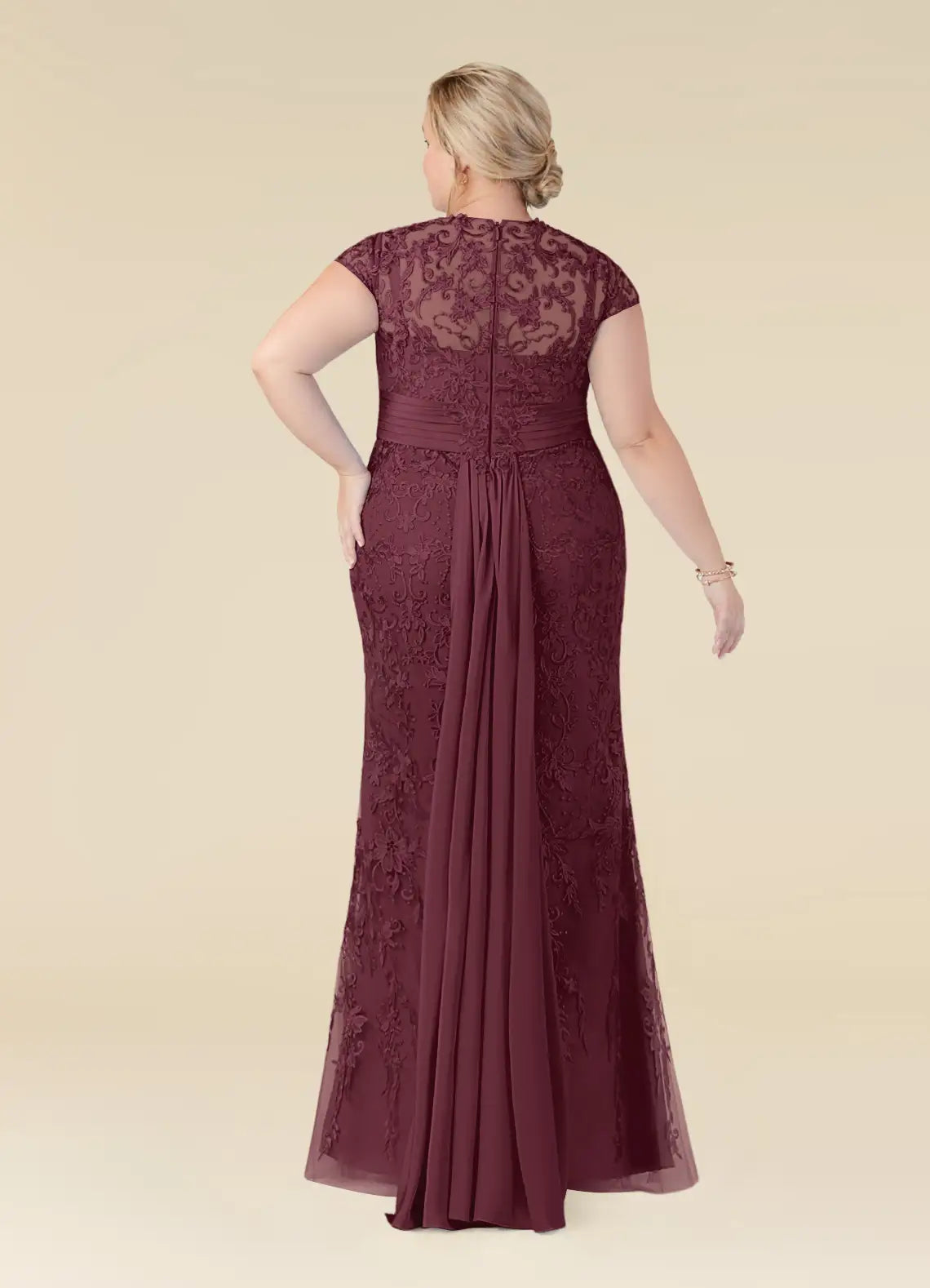 Robe Weitese élégante sirène cabernet vintage en dentelle à col rond grande taille pour mère de la mariée, longueur au sol, manches courtes, dos illusion 