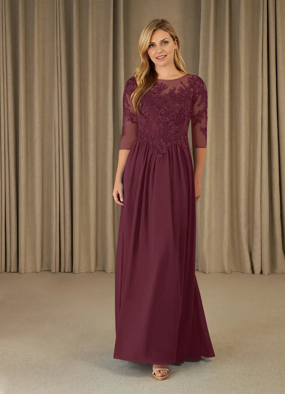 Robe Weitese prune décolleté en dentelle mousseline de soie trapèze mère de la mariée robe de soirée mode manches trois-quarts dos fermeture éclair grande taille robes mère du marié 