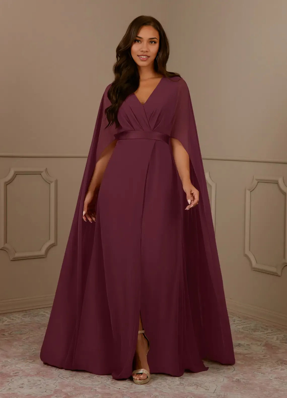 Robe Weitese bleu marine foncé, col en V, mousseline plissée, coupe trapèze, robe de soirée pour mère de la mariée, minimaliste, manches cape, fermeture éclair au dos, grande taille 