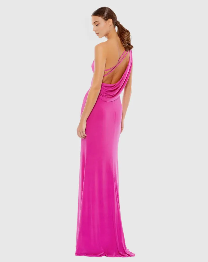 Simple Sheath One Shoulder Sleeveless Draped Back Floor-Length Prom Dress