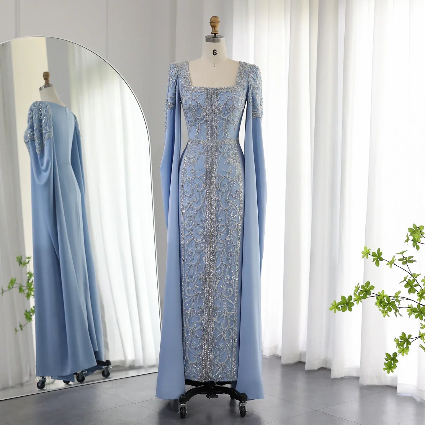 Vestidos formales Weitese para mujer, vestidos de noche musulmanes de lujo con corte sirena azul y mangas estilo capa, vestidos para fiesta de compromiso y tiendas de vestidos de graduación. 