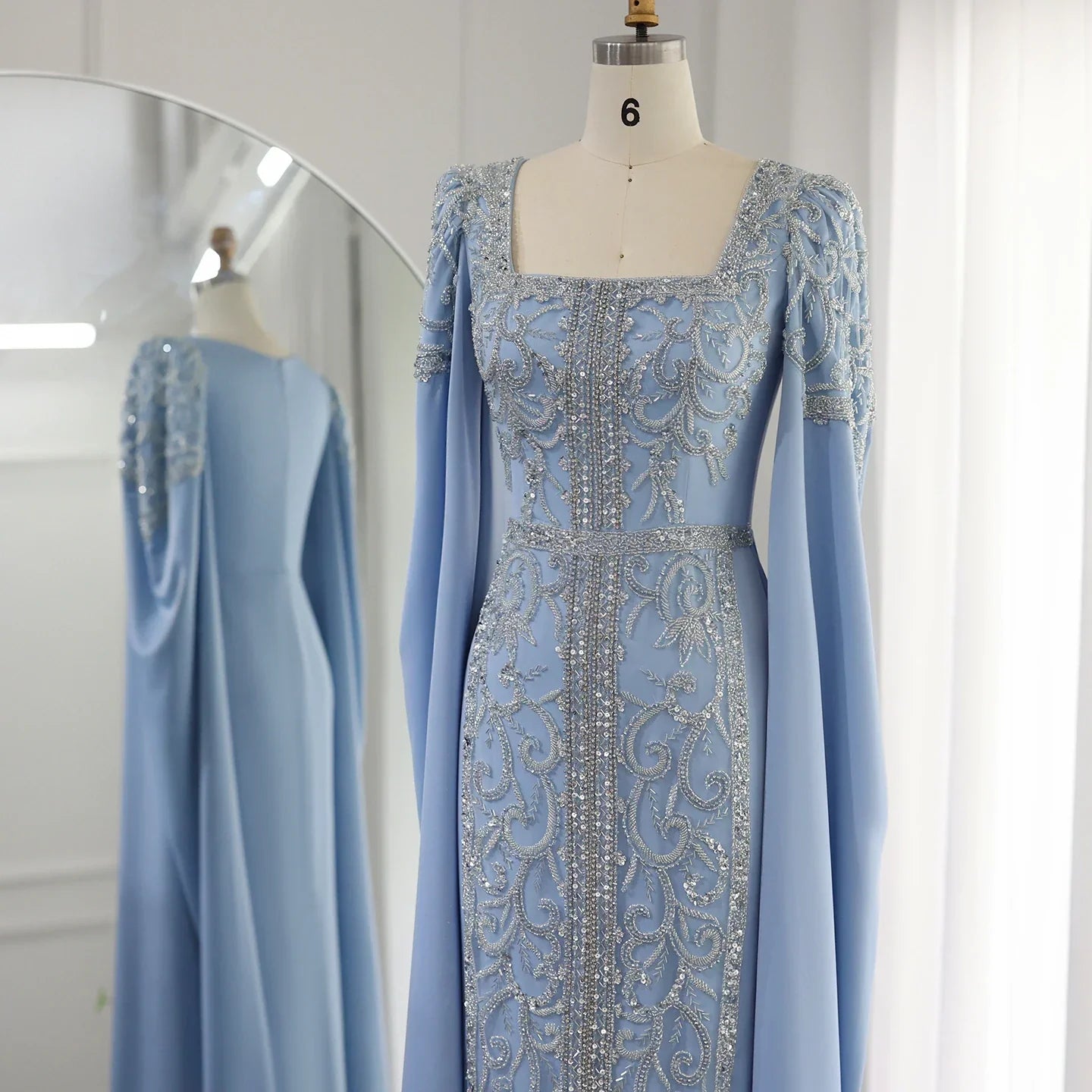 Vestidos formales Weitese para mujer, vestidos de noche musulmanes de lujo con corte sirena azul y mangas estilo capa, vestidos para fiesta de compromiso y tiendas de vestidos de graduación. 