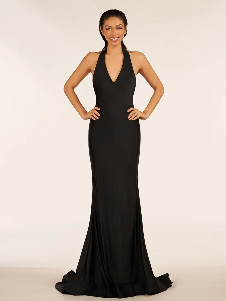 Black Stretch Knit Mermaid Halter Open Back Floor-Length Dress
