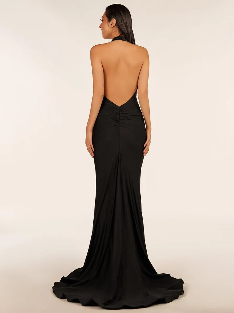 Black Stretch Knit Mermaid Halter Open Back Floor-Length Dress