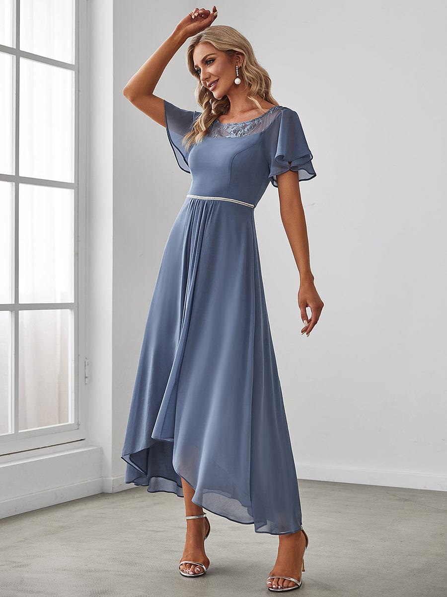 Back view of a model wearing a dark blue Weitese A-line midi dress.