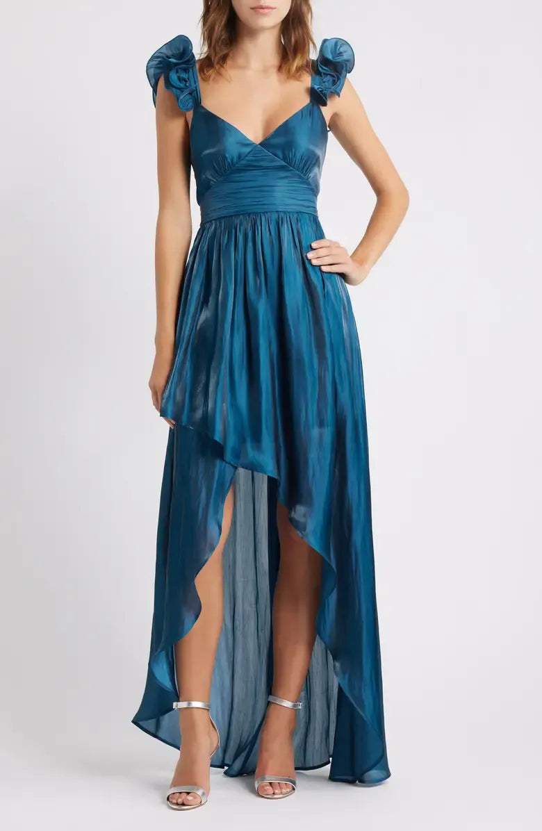 Casual A-Line Ruffle Shoulder Sleeveless Satin High-Low-Length Prom Dress