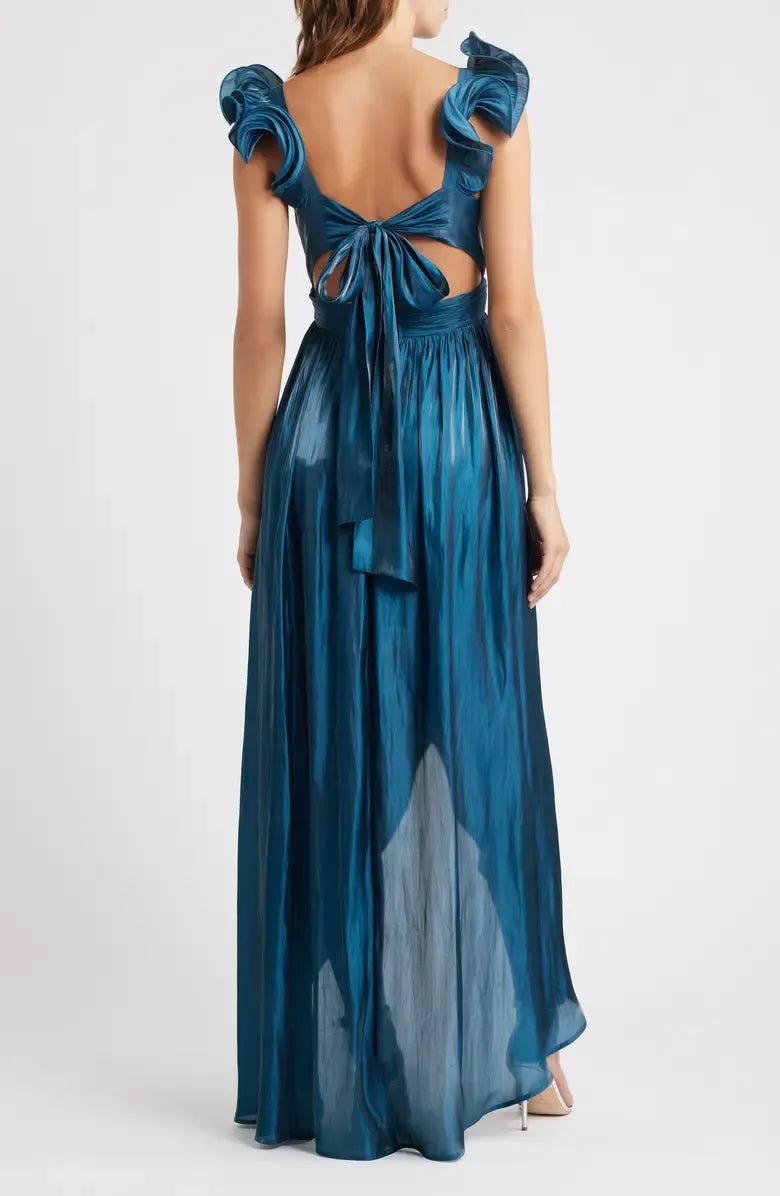 Casual A-Line Ruffle Shoulder Sleeveless Satin High-Low-Length Prom Dress