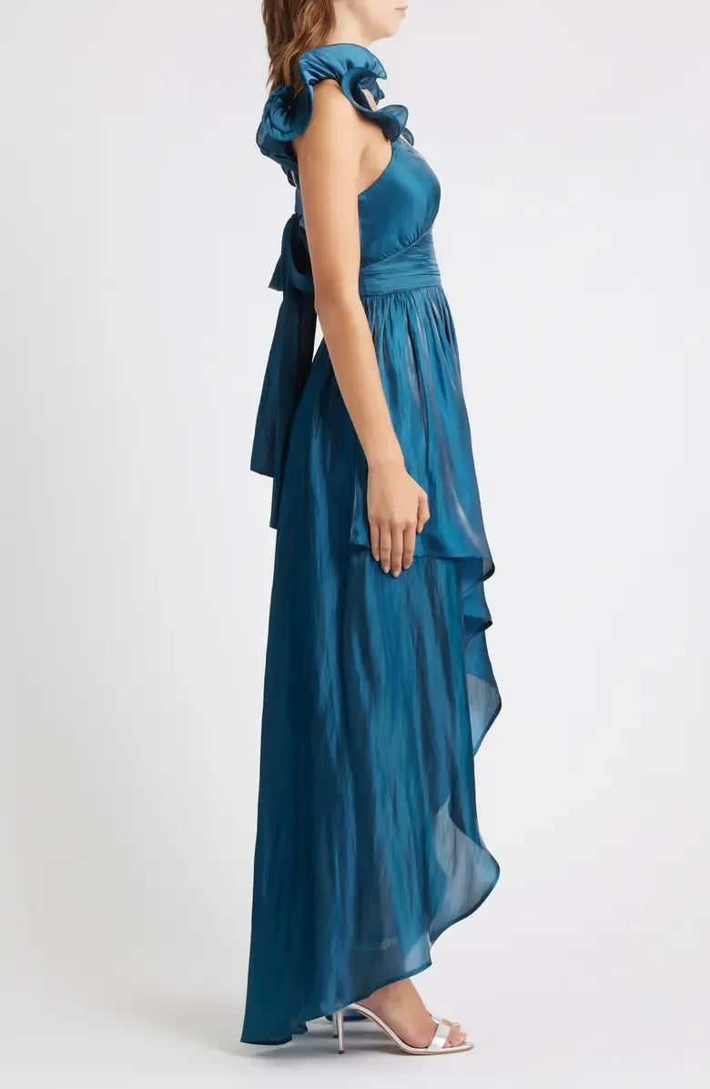 Casual A-Line Ruffle Shoulder Sleeveless Satin High-Low-Length Prom Dress