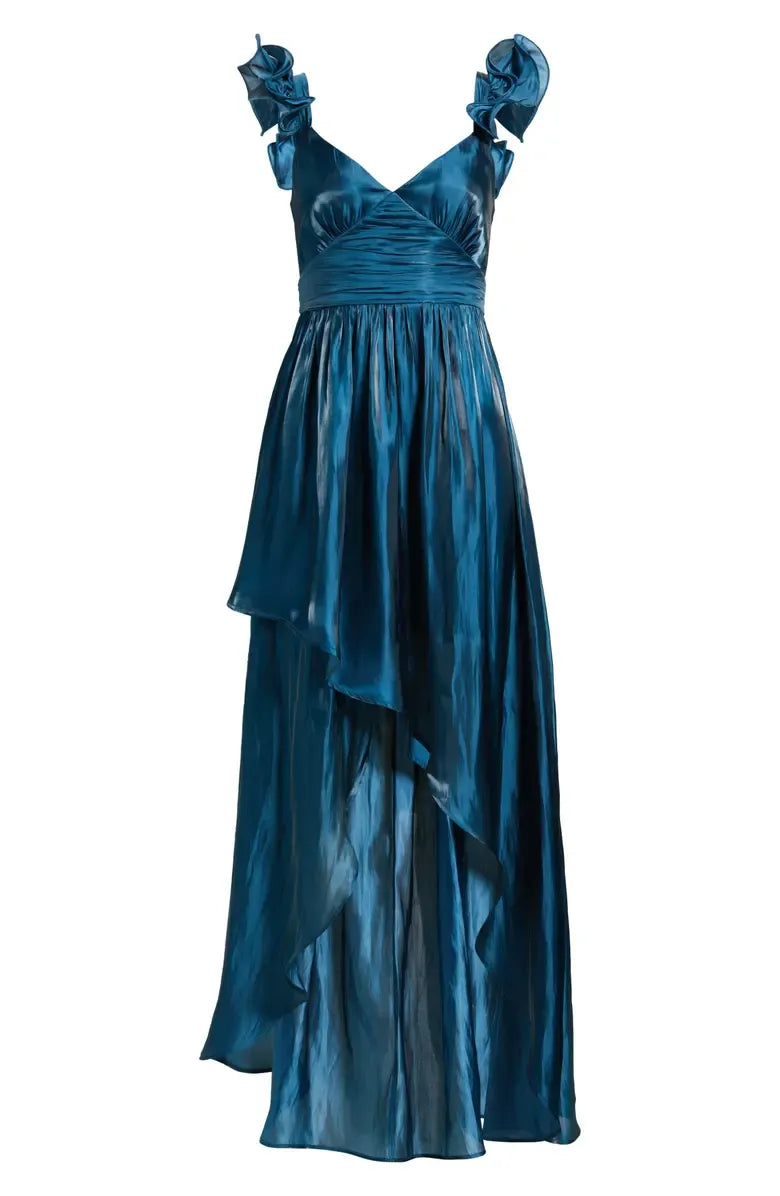 Casual A-Line Ruffle Shoulder Sleeveless Satin High-Low-Length Prom Dress