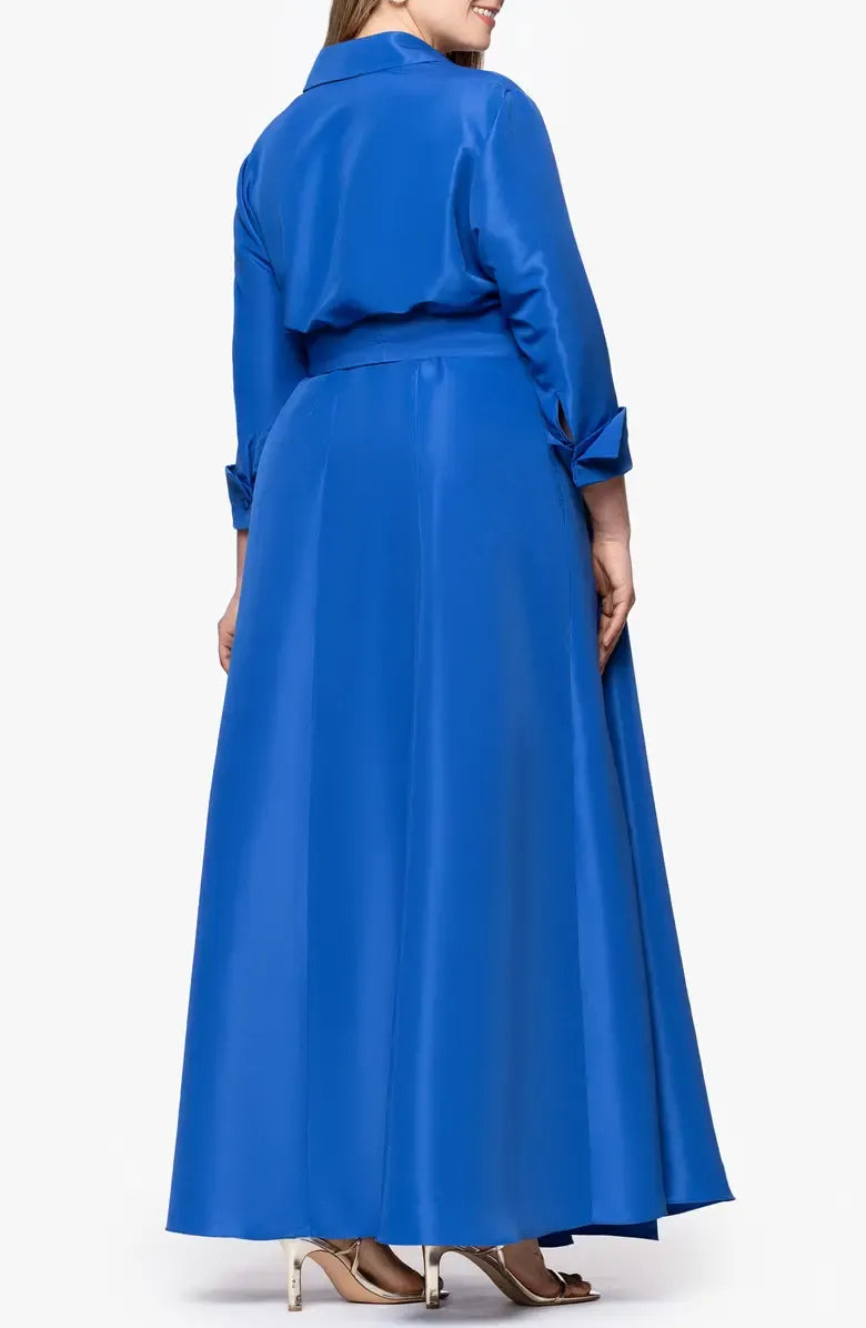 Casual A-Line Shirt Collared Long Sleeve Satin Floor-Length Plus Size Mother of the Bride Dress