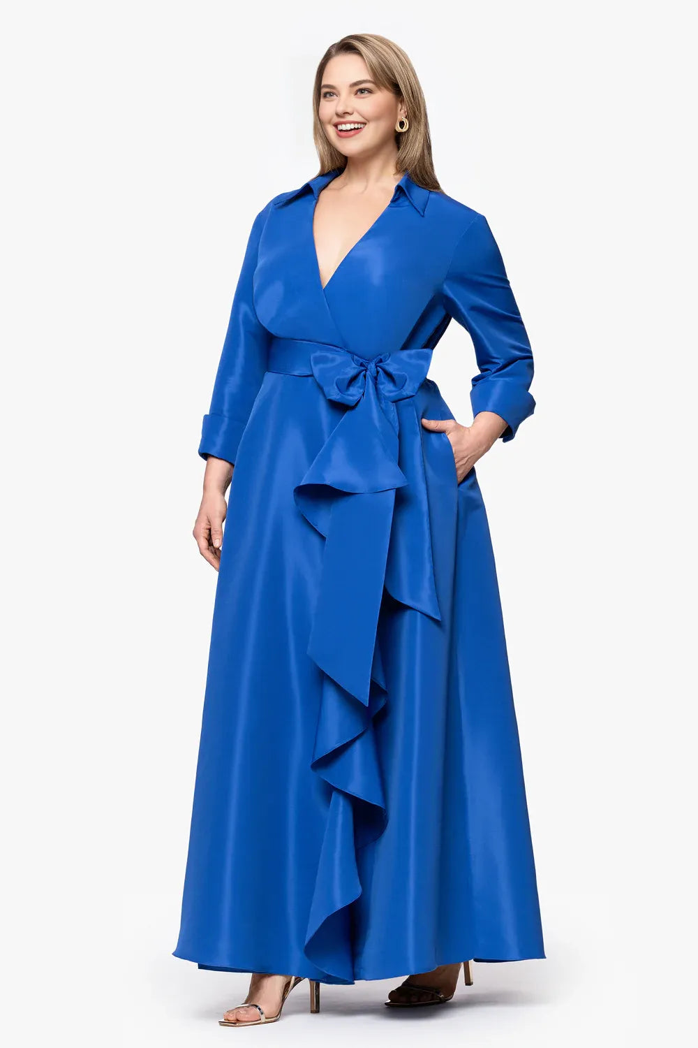 Casual A-Line Shirt Collared Long Sleeve Satin Floor-Length Plus Size Mother of the Bride Dress