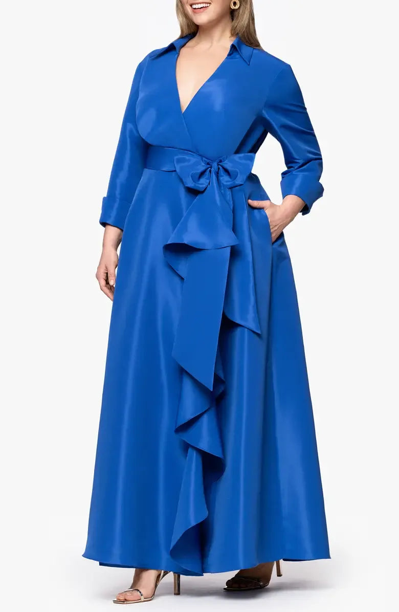 Casual A-Line Shirt Collared Long Sleeve Satin Floor-Length Plus Size Mother of the Bride Dress