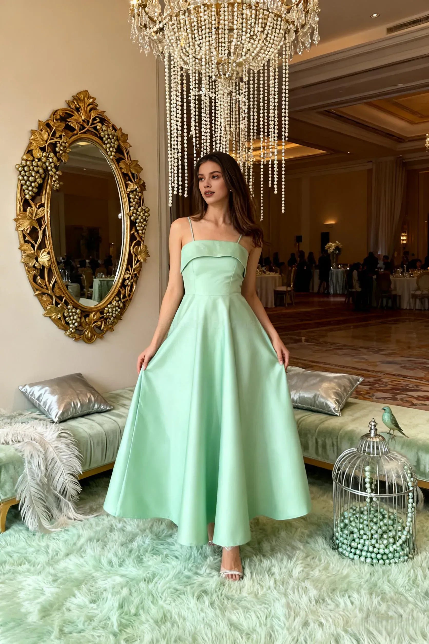 Casual A-Line Spaghetti Strap Sleeveless Backless Satin Floor-Length Prom Dress