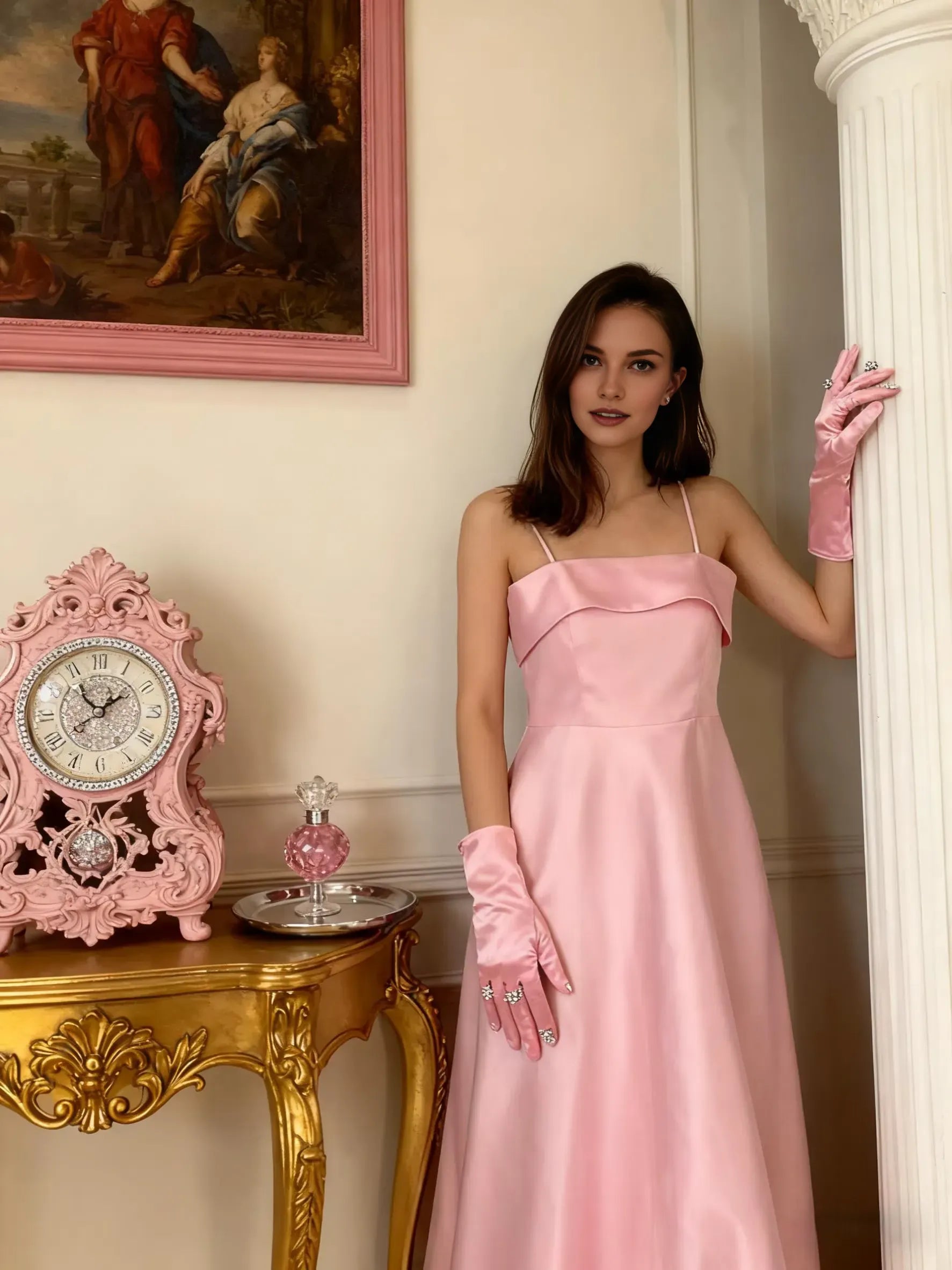 Casual A-Line Spaghetti Strap Sleeveless Backless Satin Floor-Length Prom Dress